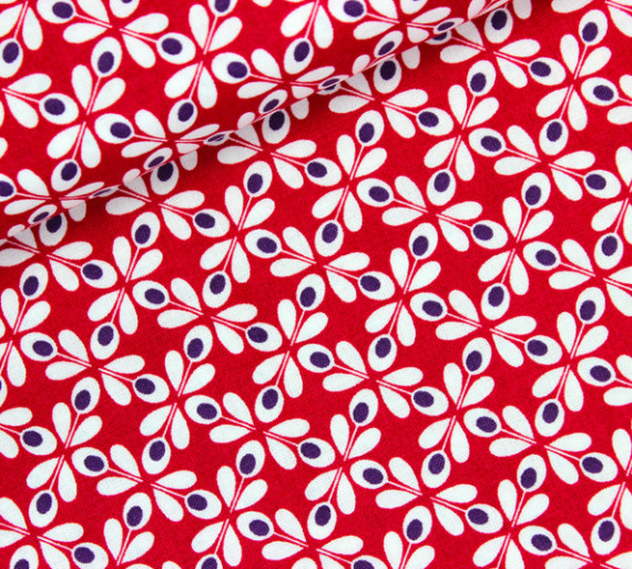 Tissu rouge fleurs motif années 70